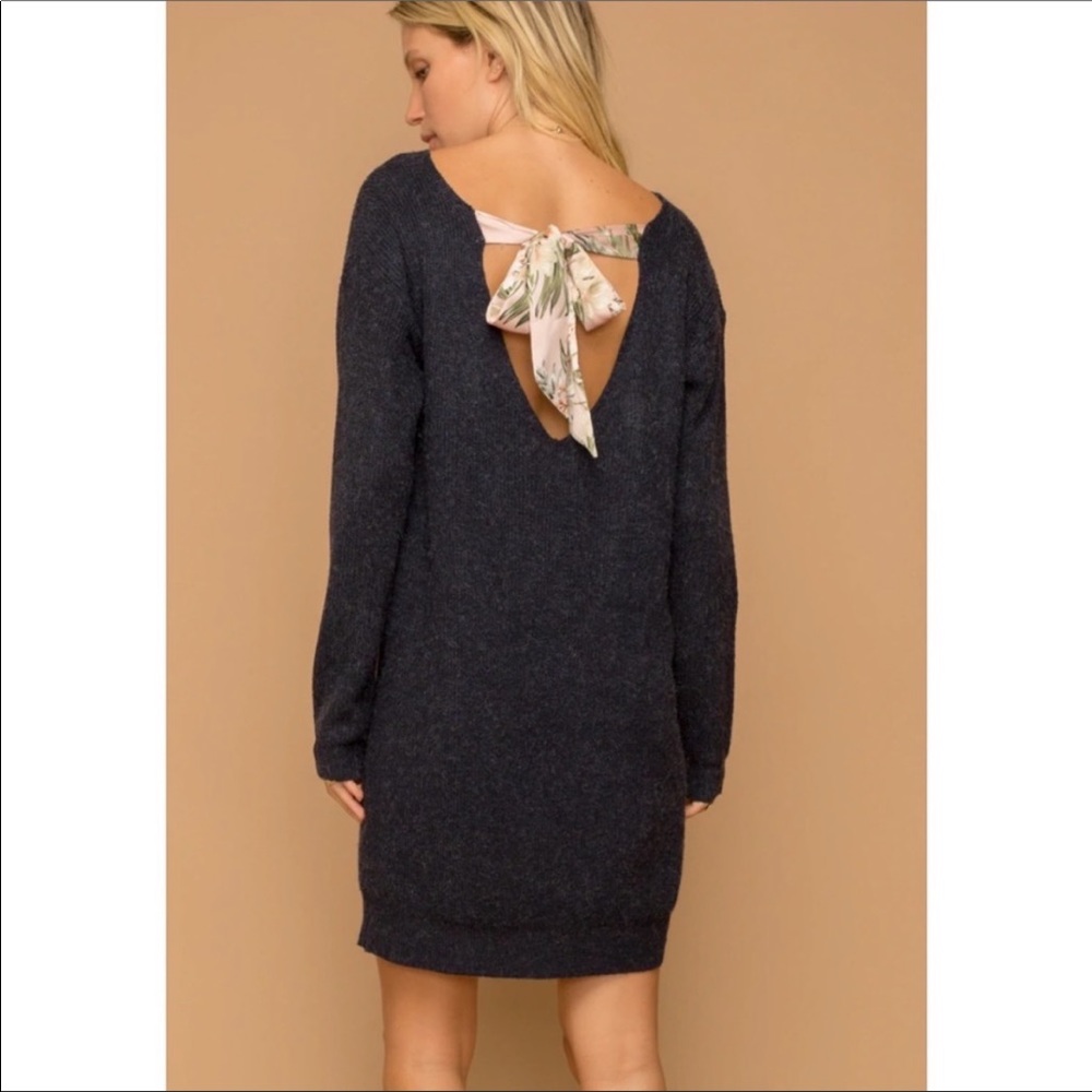 Hem & Thread Navy Sweater Dress with Floral Tieback Bow Super Soft Size Small